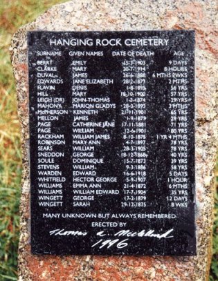 One of the plaques commemorating those buried at Hanging Rock.